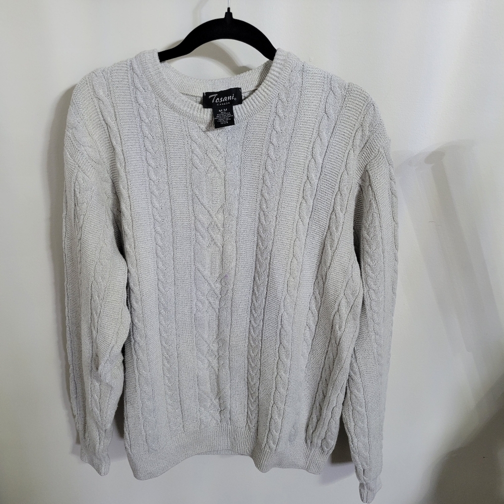 Vintage Tosani Canada Men's Cable Knit 100 % Cotton Sweater - Gray, Size M